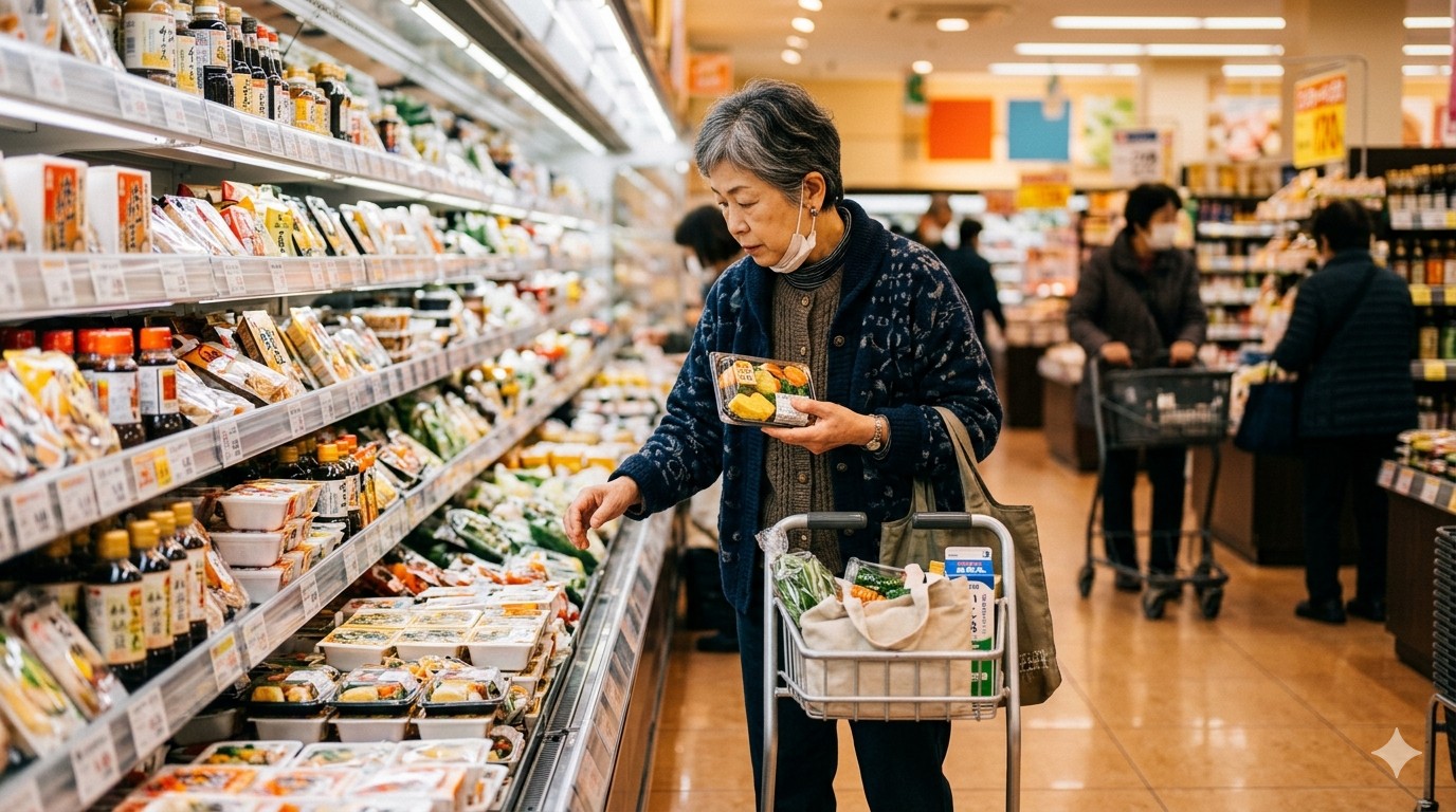 スーパーで食品を選ぶ60代の女性