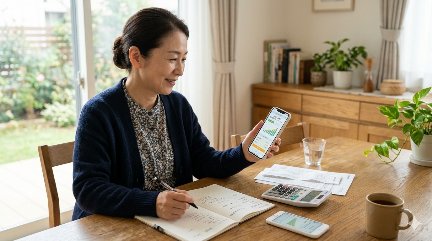 スマホでふるさと納税の限度額を調べる女性